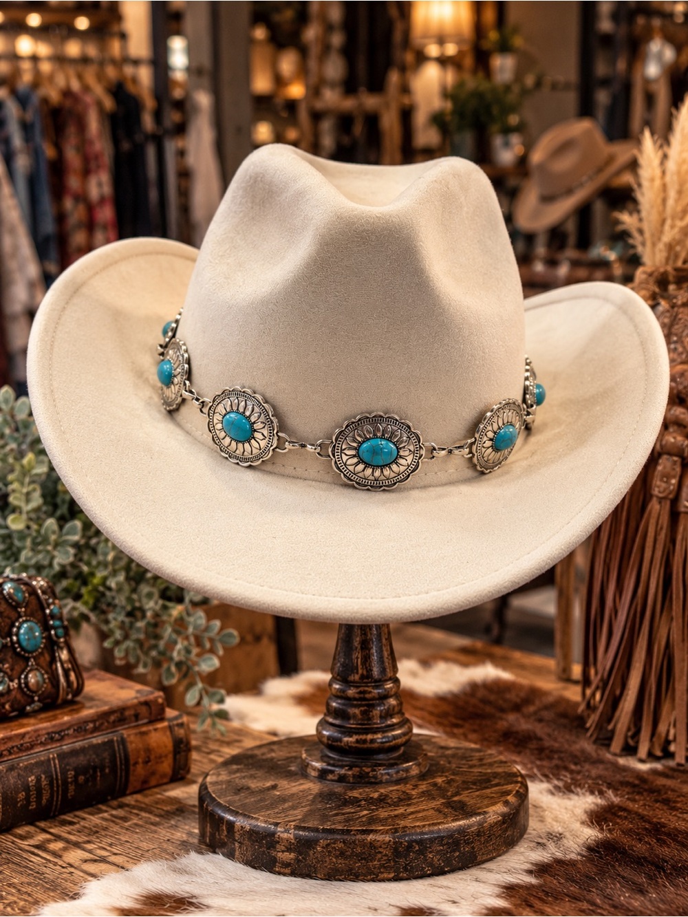 Buckle Cream Western Cowboy Hat Turquoise Concho Band NWT